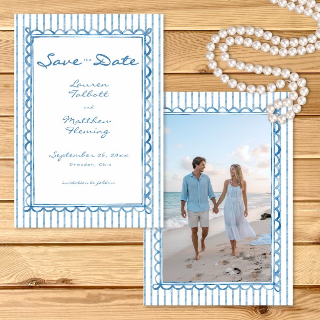 Reserve A Data Whimsical Blue Watercolor Stripe Photo Wedding (Whimsical Blue Watercolor Stripe Photo Wedding Save The Date)