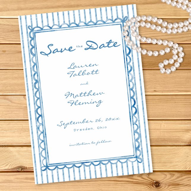 Reserve A Data Whimsical Blue White Watercolor Stripe Wedding (Whimsical Blue White Watercolor Stripe Wedding Save The Date)