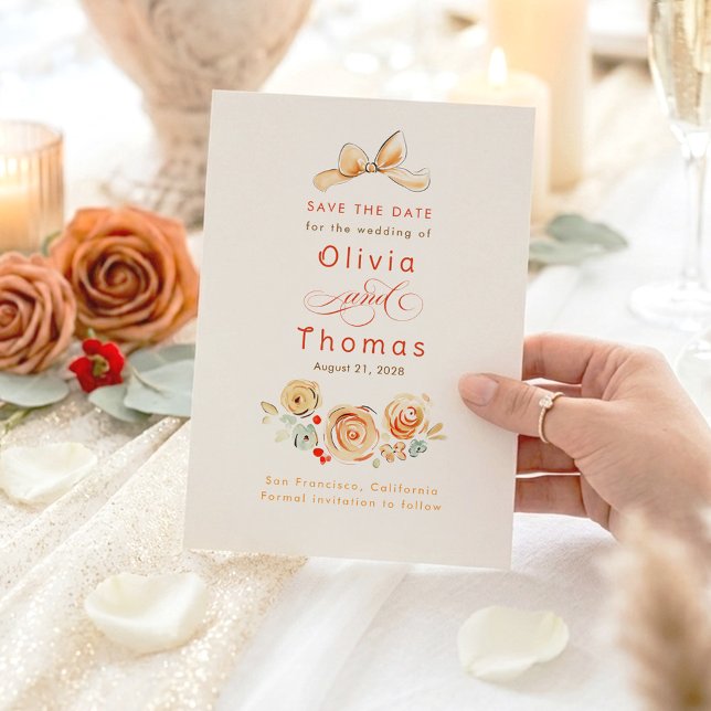 Reserve A Data Whimsical Cute Earthy Flowers Bow Save the Date (Save The Date Whimsical Cute Terracotta Floral Bow Cards)