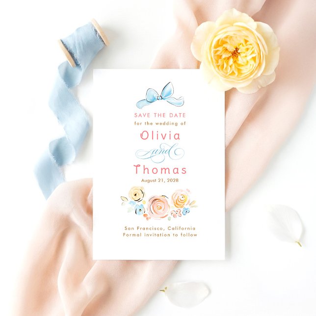 Reserve A Data Whimsical Cute Pastel Flowers Bow Save the Date (Quirky Bow Pastel Save The Date Card)