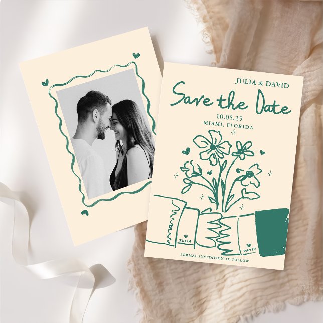 Reserve A Data Whimsical Hand Desenhou Casamento Floral Verde Sal (Criador carregado)