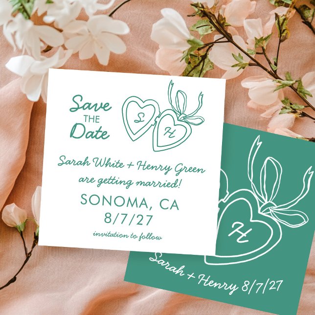 Reserve A Data Whimsical Heart Locket Doodle Sketch Modern CUSTOM (Whimsical Heart Locket Doodle Sketch Modern CUSTOM Save The Date Green White Card
)