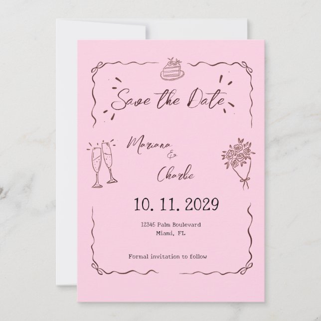 Reserve A Data Whimsical Pink Hand Drawn Illustrated Wedding  (Frente)