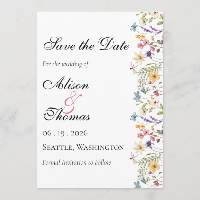 Reserve A Data Whimsical Wildflower Meadow Wedding Save The Date (Frente)