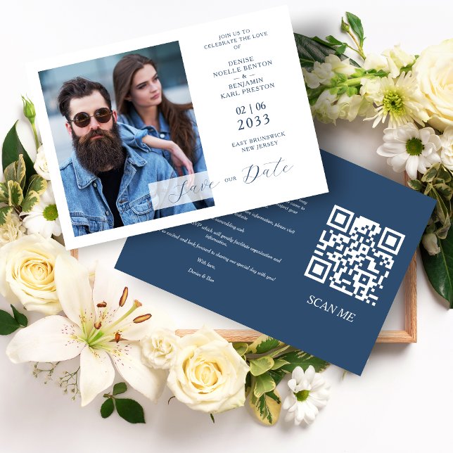 Reserve A Data Whimsy Bliss Blue Jeans Inspired Photo QR (Whimsy Bliss Blue Jeans Inspired Photo QR Save the Date Wedding Card.)