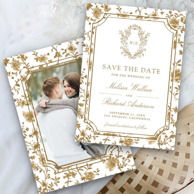 Reserve A Data White and Gold Chinoiserie Crest Photo Wedding (Criador carregado)
