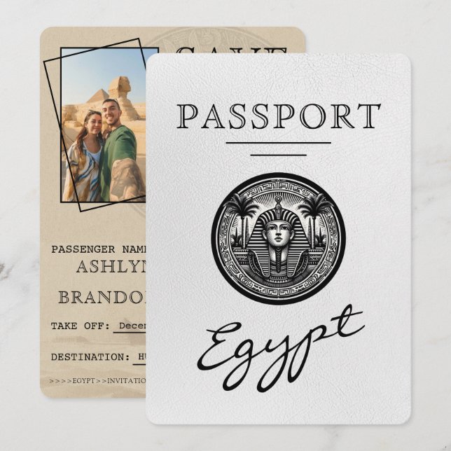Reserve A Data White Egypt Passport Wedding Save the Date (Frente/Verso)