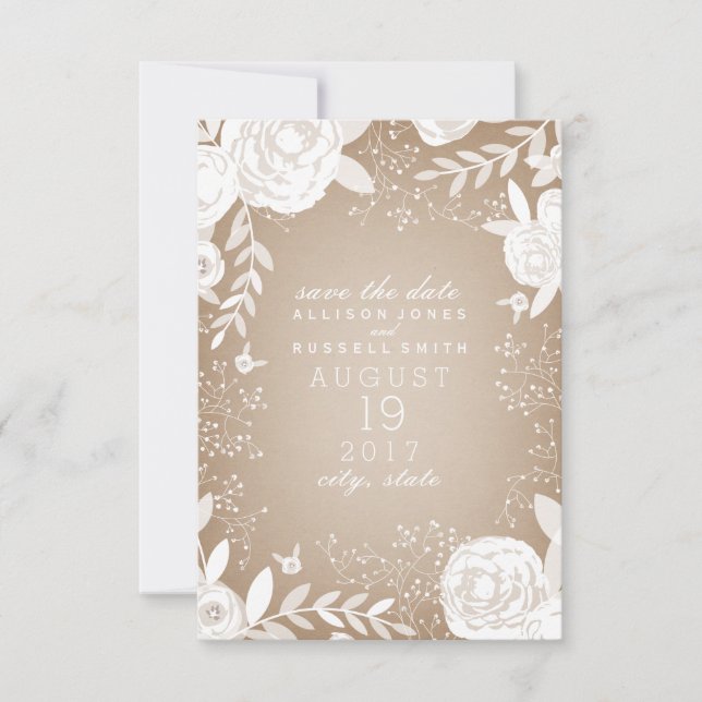 Reserve A Data White Floral Cardstock Inspirado Salvar Data (Frente)