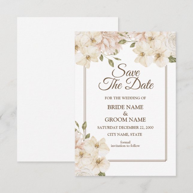 Reserve A Data White Pink Floral Frame Modern Wedding (Frente/Verso)