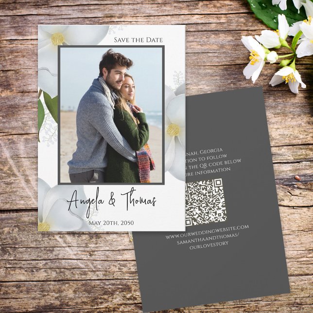 Reserve A Data White Save the Date Photo QR Code Floral Magnolia (Criador carregado)