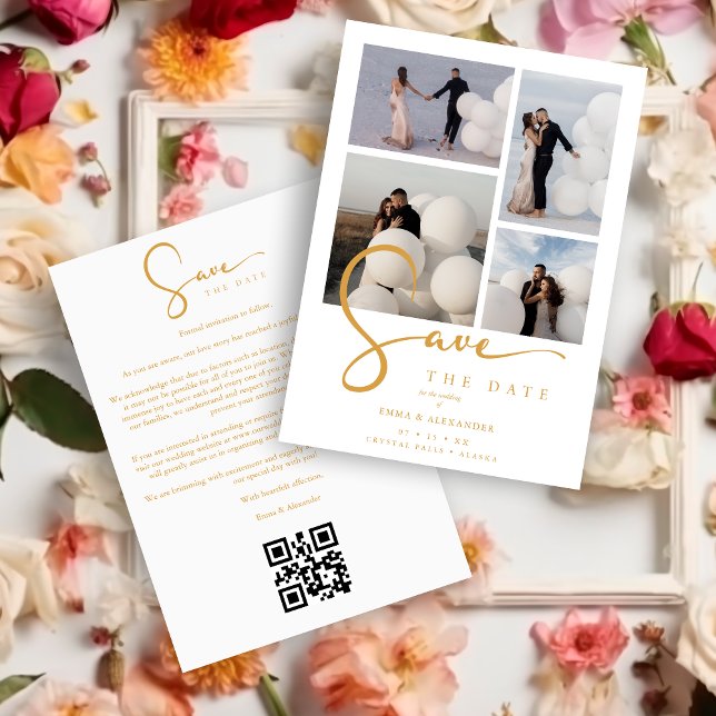 Reserve A Data White Stylish Minimalist Custom 4-Photo Wedding (White Stylish Minimalist Custom 4-Photo Wedding Save the Date Card.)