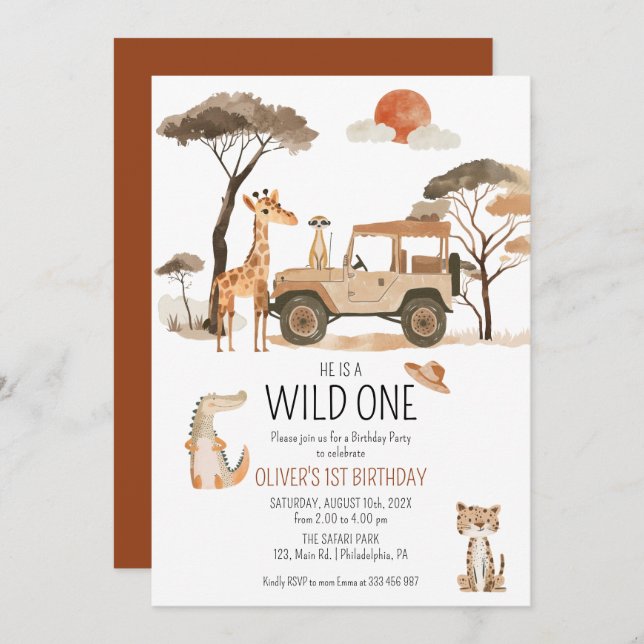 Reserve A Data Wild One Boy primeiro aniversario Safari (Frente/Verso)