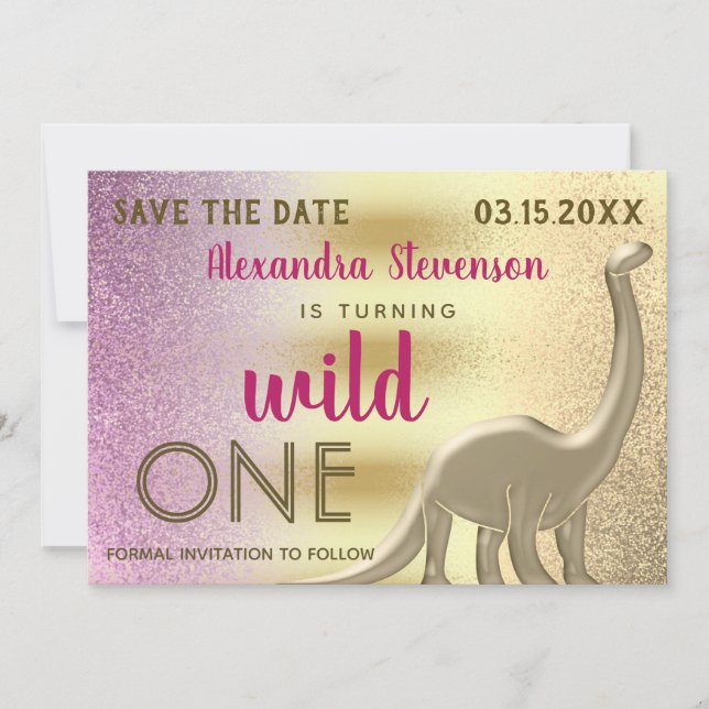 Reserve A Data Wild One Brilho Rosa & Dourado Dinossauro 1º Anive (Frente)