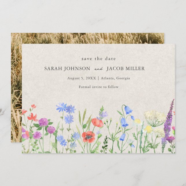 Reserve A Data Wildflower Boho Wedding Photo  (Frente/Verso)