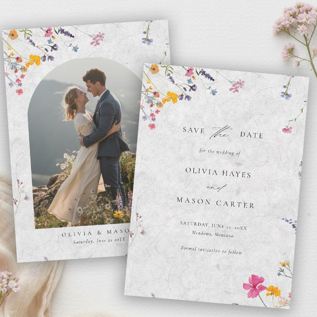 Reserve A Data Wildflower Garden Modern Ivory Arch Photo Wedding (wildflower wedding photo save the date watercolor garden backyard barn summer spring ivory arch)