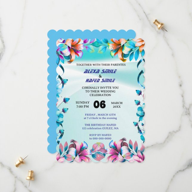 Reserve A Data Wildflower Gatefold Wedding Invitation, Pretty Wed (Frente/Verso In Situ)