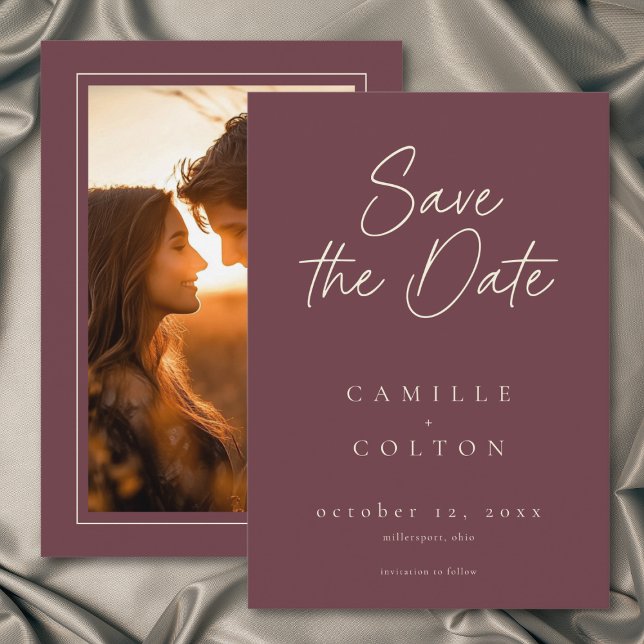 Reserve A Data Wine Burgundy Minimalist Wedding Photo (Wine Burgundy Minimalist Wedding Photo Save The Date)
