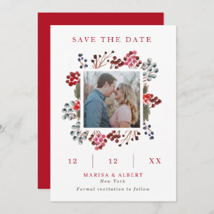 Reserve A Data Winter Berry Frame Wedding Photo Save The Date (Fo