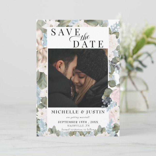Reserve A Data Winter Floral | Casamento Rustic Photo (Em pé/Frente)
