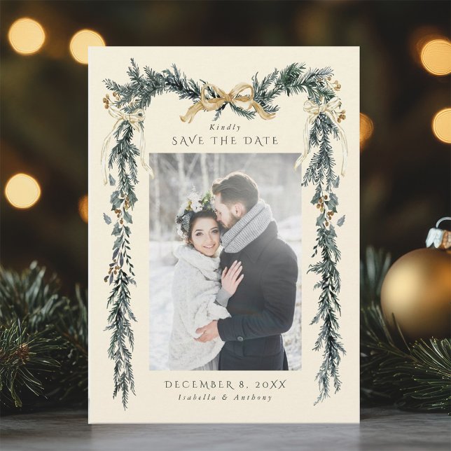 Reserve A Data Winter Greenery Garland Wedding Photo Ivory (Criador carregado)