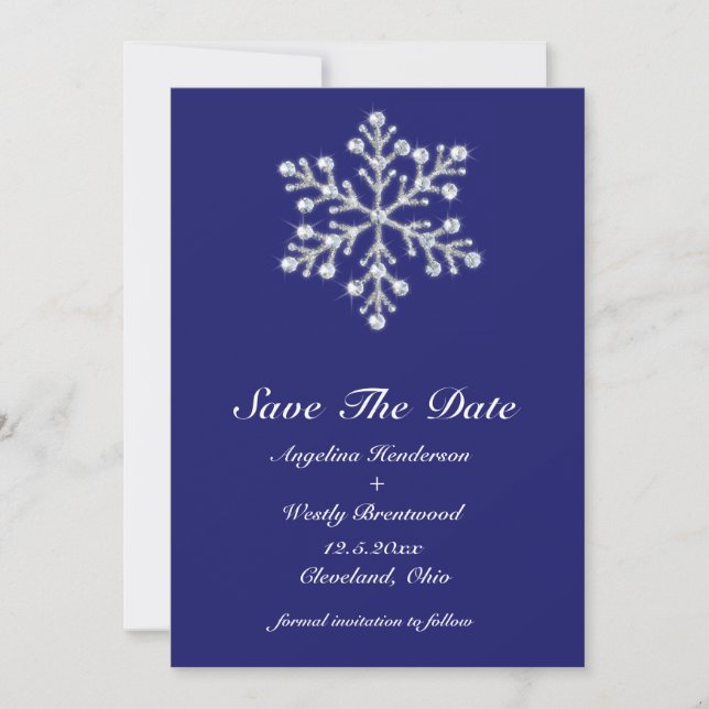 Reserve A Data Winter Snowflake Save the Date Indigo (Frente)