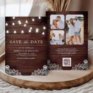 Reserve A Data Wood Lace String Luzes Foto Código QR Casamento