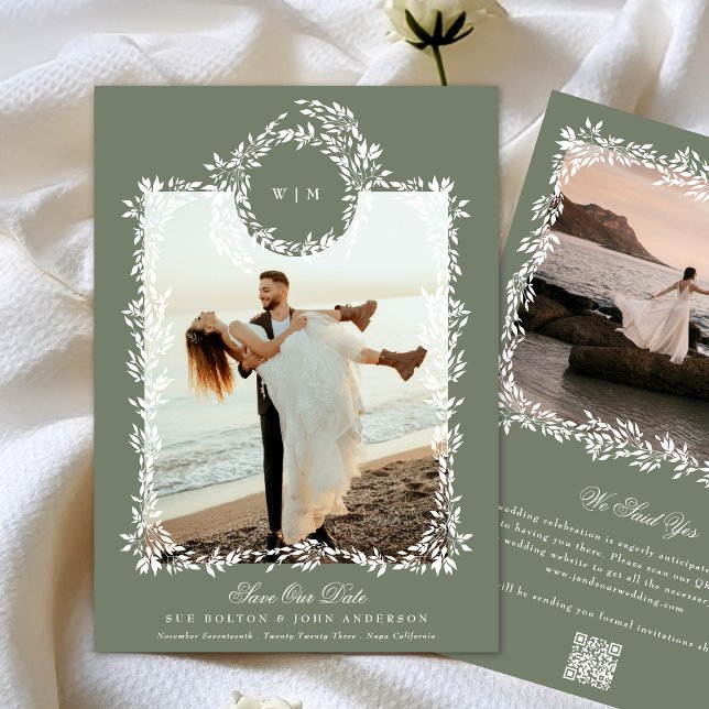 Reserve A Data Wreath Monograma Sage Green Elegant Foto (Criador carregado)