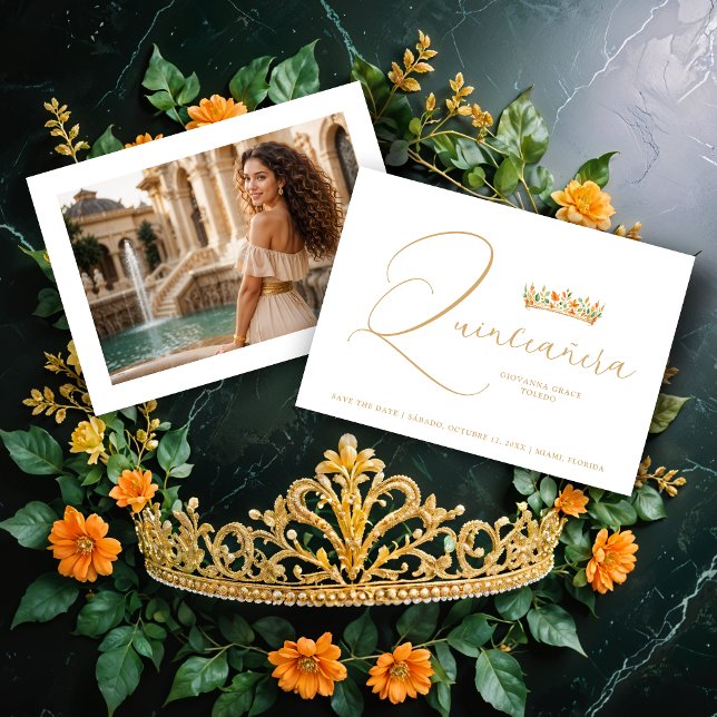 Reserve A Data XVs Sophisticated Colorful Tiara & Elegant Script (Sophisticated Colorful Princess Tiara & Elegant Script Photo Quinceañera Save the Date Cards.)