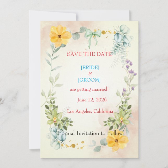 Reserve A Data Yellow and Pink Floral Save the Date Card (Frente)