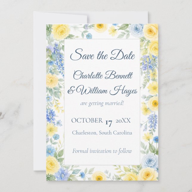 Reserve A Data Yellow Blue Watercolor Save the Date (Frente)