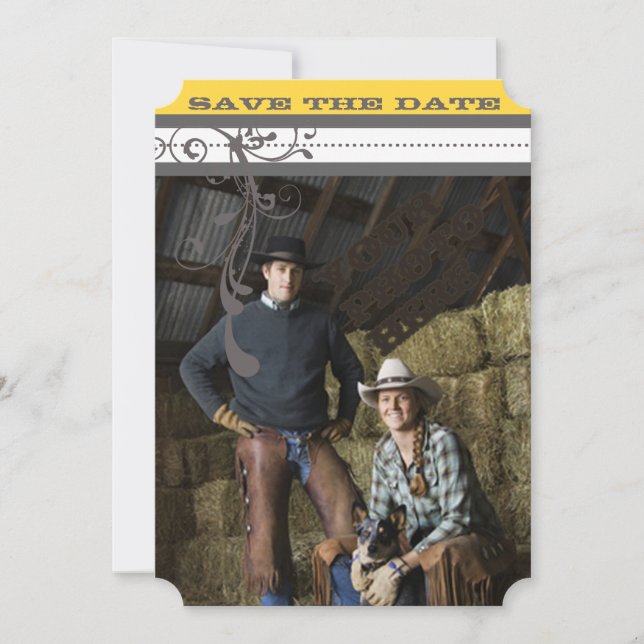 Reserve A Data Yellow & Cinza Funky Swirls Casamento Salve a Data (Frente)