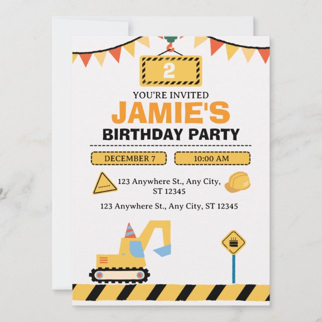 Reserve A Data Yellow Cute Construction Truck Boys 2nd Birthday (Frente)