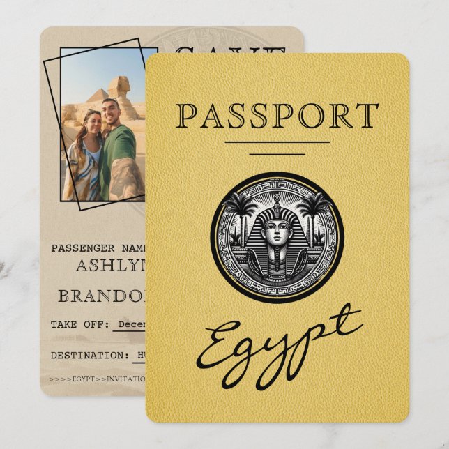 Reserve A Data Yellow Egypt Passport Wedding Save the Date (Frente/Verso)