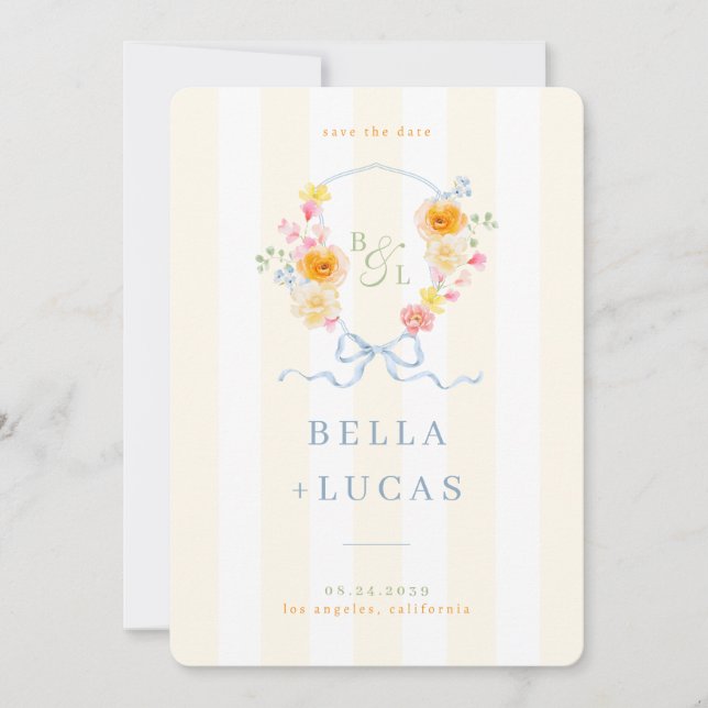 Reserve A Data Yellow Stripe Floral Crest Monogram Spring Wedding (Frente)