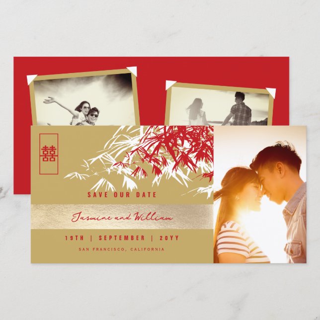 Reserve A Data Zen Bamboo, Dourado Vermelho, deixa foto de casame (Frente/Verso)