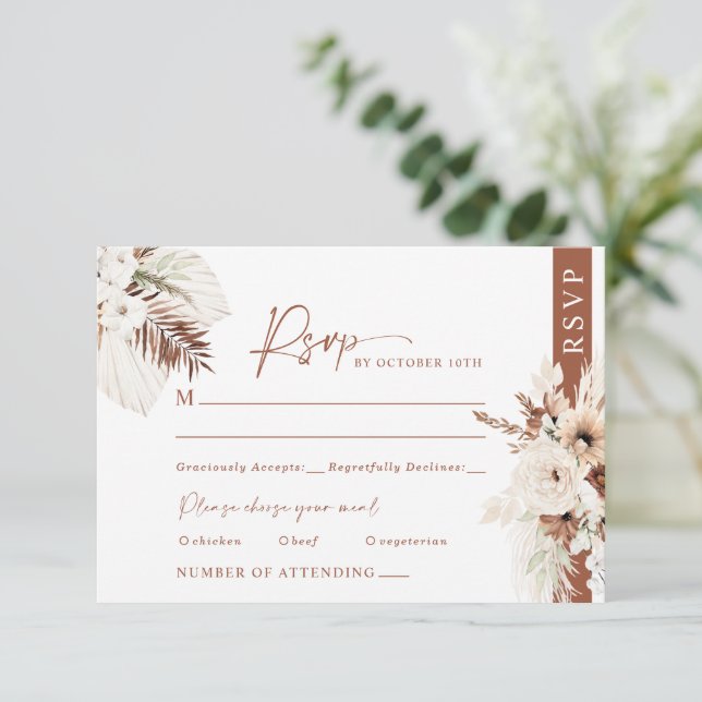 Resposta a Cartão RSVP de Casamento Boho Pampas Te (Em pé/Frente)