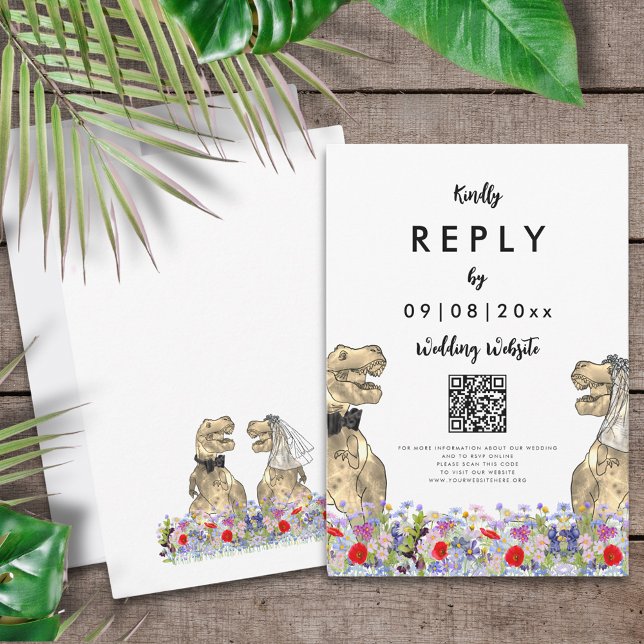 Resposta ao Site de Casamento do Tema Dinossauro (T-Rex bride and groom and colorful wildflowers Dinosaur wedding reply enclosure card with QR code)