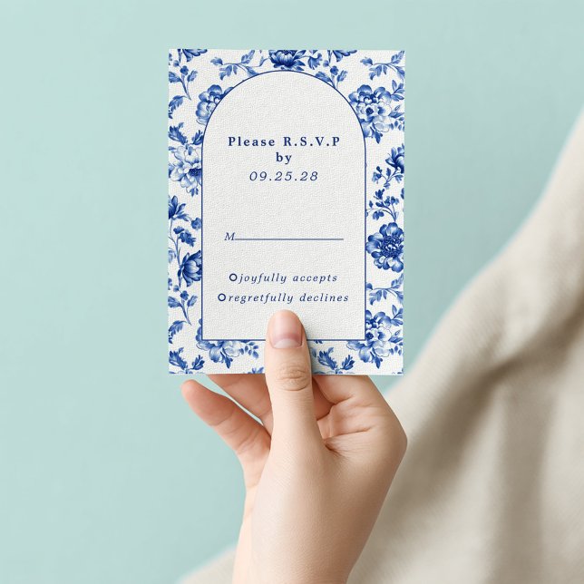 Resposta de arco azul inspirada no software rsvp (Delftware arch, blue and white wedding rsvp card)