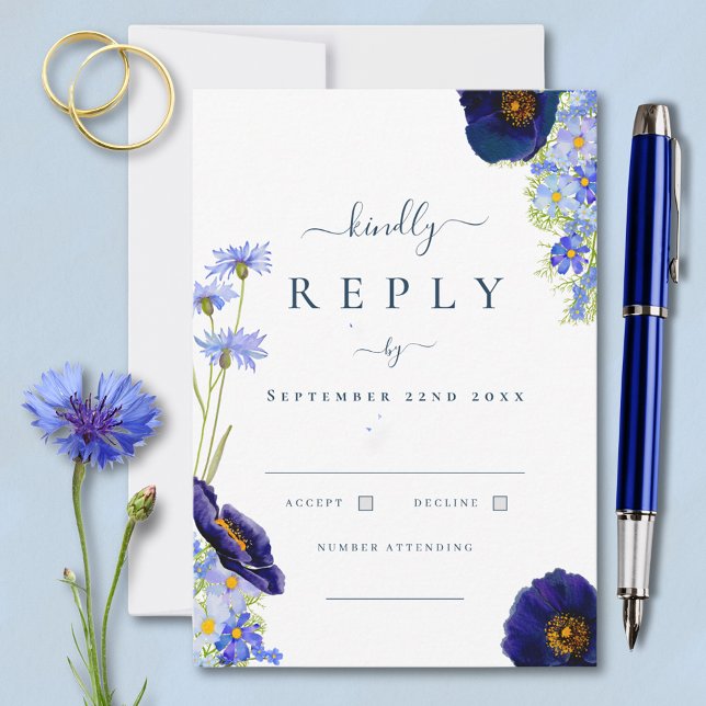 Resposta de Casamento Azul Floral de Verão Elegant (Elegant Wildflower blue summer wedding kindly reply rsvp card with watercolor floral artwork )