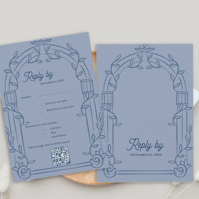Resposta de Casamento Botânico com Arco Ornamentad (Dusty Blue Ornate Arch Botanical Wedding RSVP Card with QR Code | Elegant Wedding Reply Card)