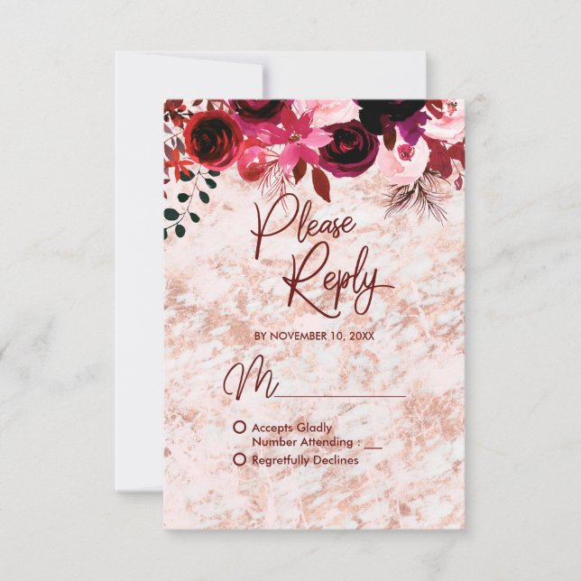 Resposta de Casamento Burgundy Floral & Rose Gold  (Frente)
