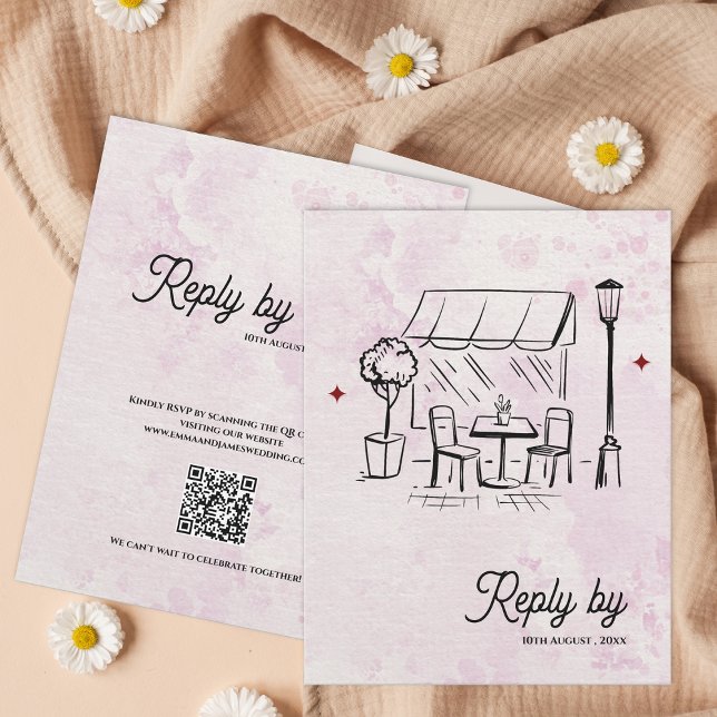 Resposta de Casamento Código QR Esboço Café Românt (Romantic Café Sketch QR Code Wedding Reply By RSVP Card)