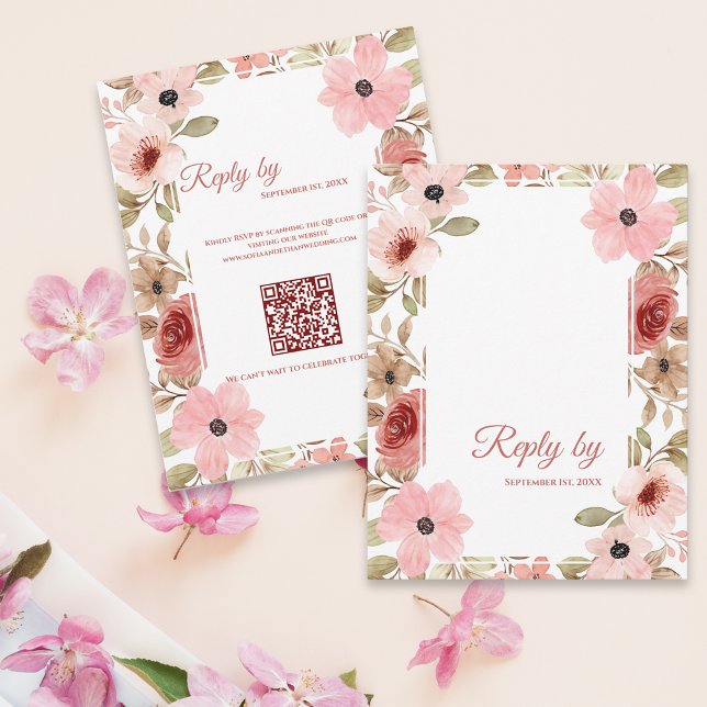 Resposta de Casamento com Código QR Floral Rosa Cl (Blush Pink Floral QR Code Wedding Reply By RSVP Card)