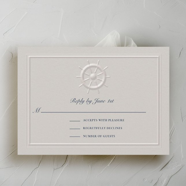 Resposta de Casamento Costeiro de Helm Helm Boat E (nautical wedding rsvp card faux embossed boat helm double frame modern classic navy ivory)