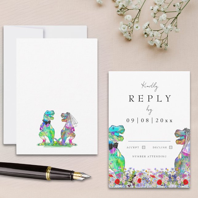 Resposta de Casamento de Dinossauro de Flor Selvag (Wildflower dinosaur bride and groom wedding rsvp enclosure card)