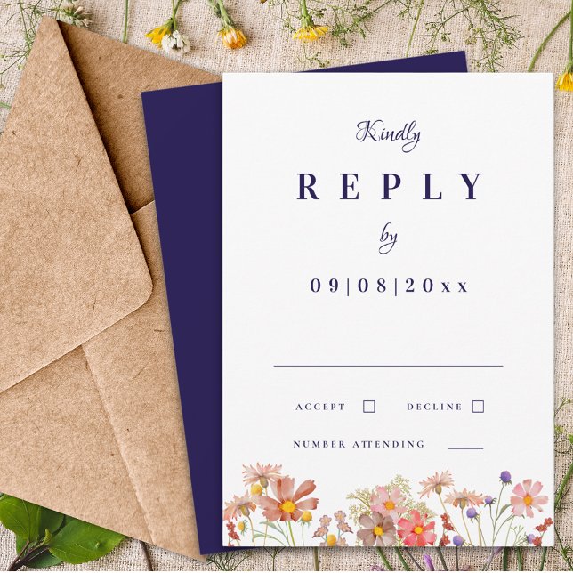 Resposta de Casamento de Outono em Laranja Queimad (Elegant Wildflower navy blue terracotta burnt orange fall wedding invitation reply enclosure card)