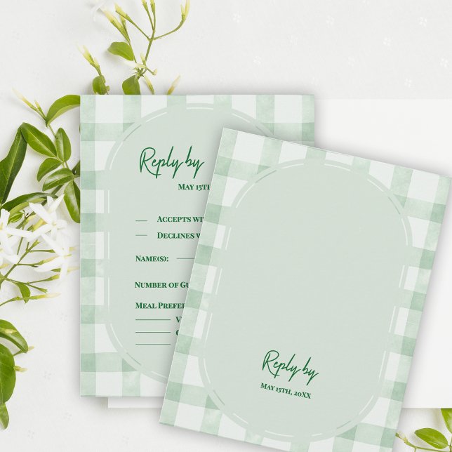 Resposta de Casamento do Jardim da Festa de Gingha (Sage Green Gingham RSVP Card | Garden Party Wedding Response Card)