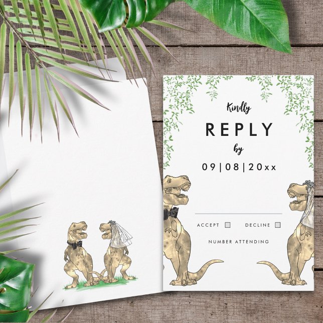 Resposta de Casamento do Tema Dinossauro (T-Rex bride and groom funny dinosaur wedding invitation RSVP reply enclosure card)