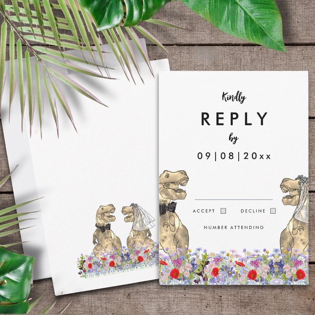 Resposta de Casamento do Tema Dinossauro (T-Rex bride and groom fun dinosaur wedding reply enclosure card)