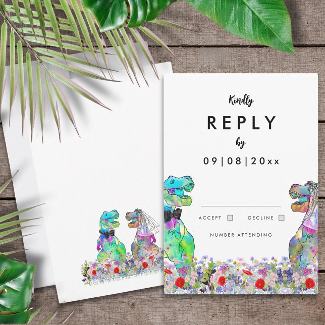 Resposta de Casamento do Tema Dinossauro (Colorful T-Rex bride and groom in wildflower meadow dinosaur themed wedding reply enclosure card)